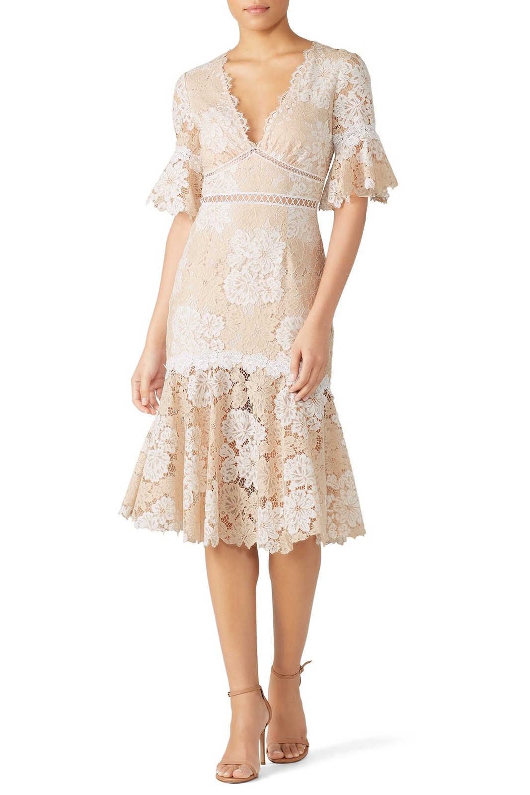Saylor Cream Ruffled Floral Lace Short Sleeve Maggy Dress Women's Size Small